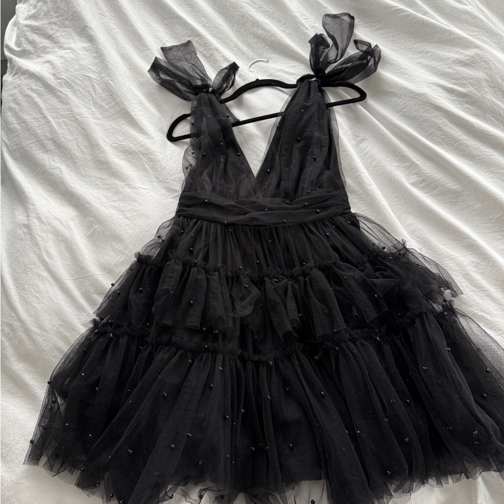 Lulu's Black Tulle Dress with Pearl Accents